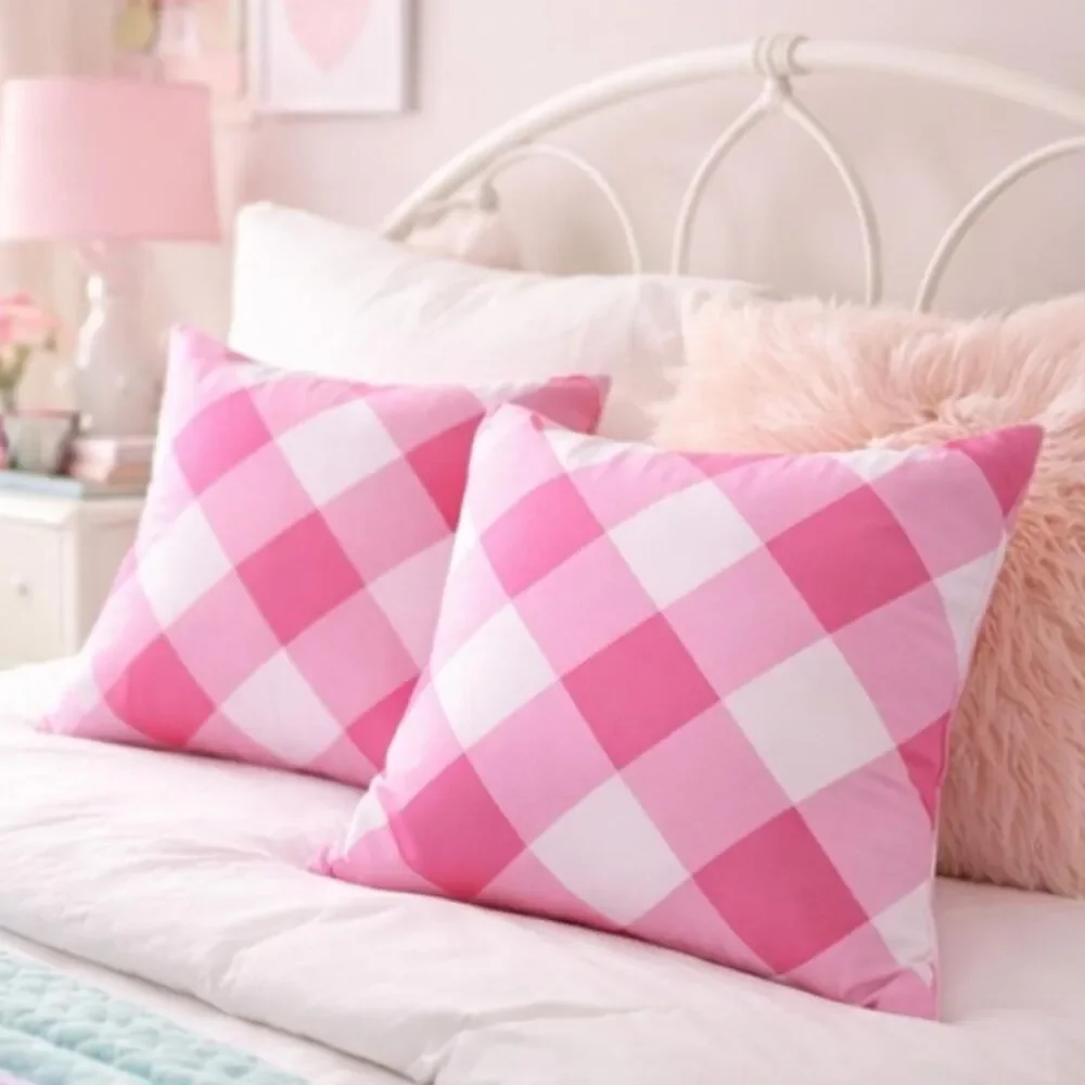🆕 NWT PB Kids Pink Gingham Plaid Pillow cover Buffalo Check Square Pillow Cases